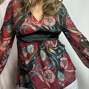 Vintage Y2K Sheer Floral Wrap Blouse Red Black Boho Tie Waist Long Sleeve Top